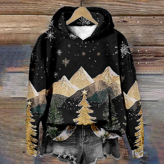 Women's Starry Mountain And Christmas Tree Art Print Long Sleeve Hoodie - Black - 8XL - image 1