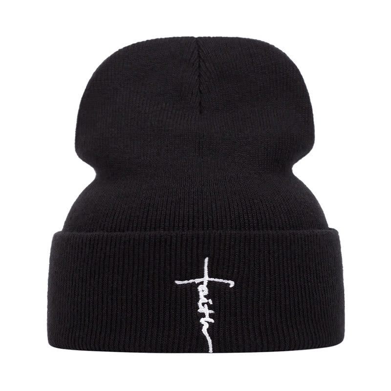 Faith Pattern Knitted Hat - Black - one size - image 1