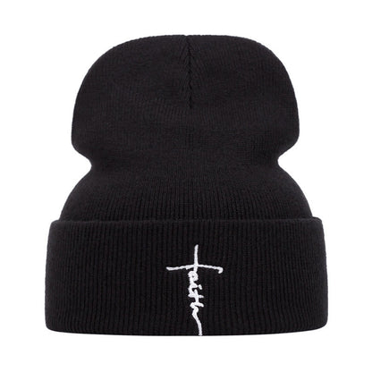 Faith Pattern Knitted Hat - Black - one size - image 1
