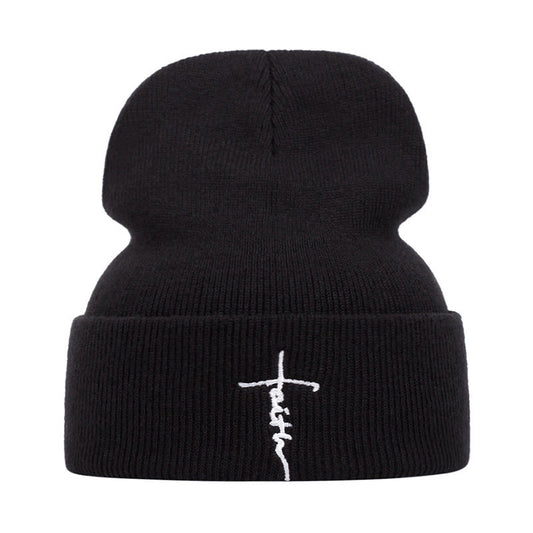 Faith Pattern Knitted Hat - Black - one size - image 1