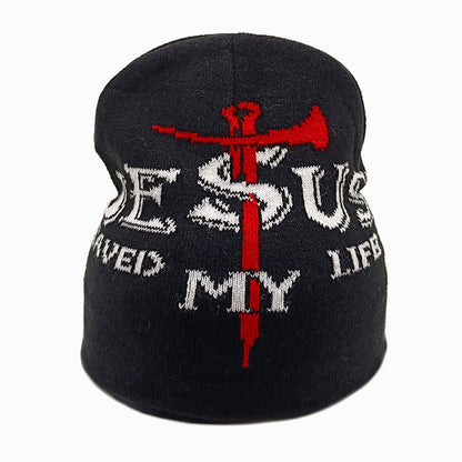 Jesus Saved My Life Pattern Knitted Hat - Black - one size - image 2