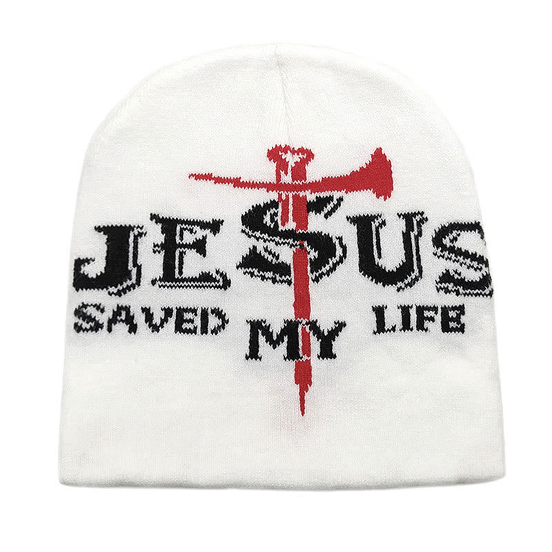Jesus Saved My Life Pattern Knitted Hat - White - one size - image 3