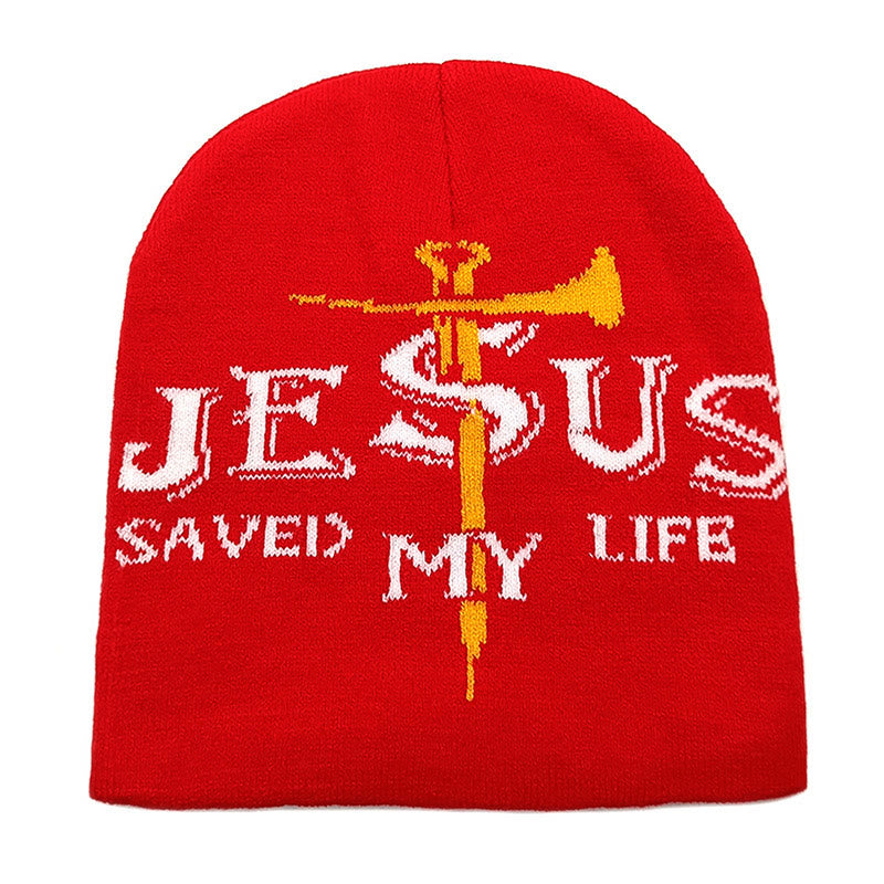 Jesus Saved My Life Pattern Knitted Hat - Red - one size - image 4