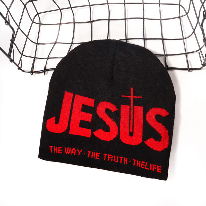 Contrast Color Jesus Pattern Knitted Hat - Red - one size - image 5