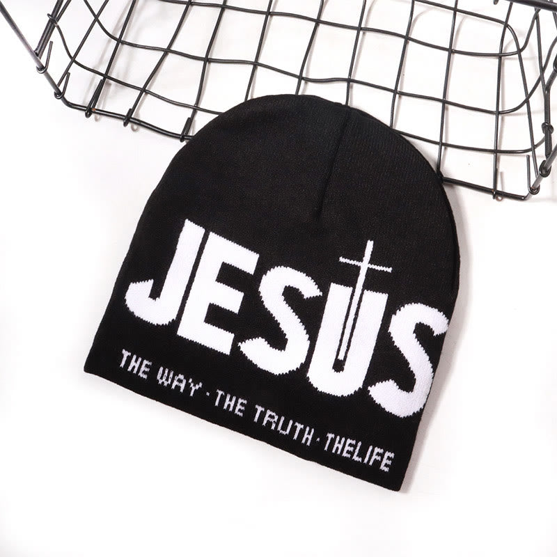 Contrast Color Jesus Pattern Knitted Hat - Black - one size - image 2