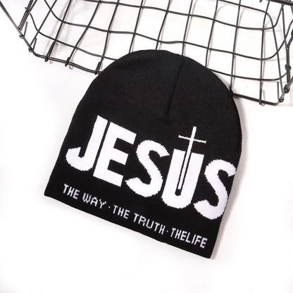Contrast Color Jesus Pattern Knitted Hat - Black - one size - image 2