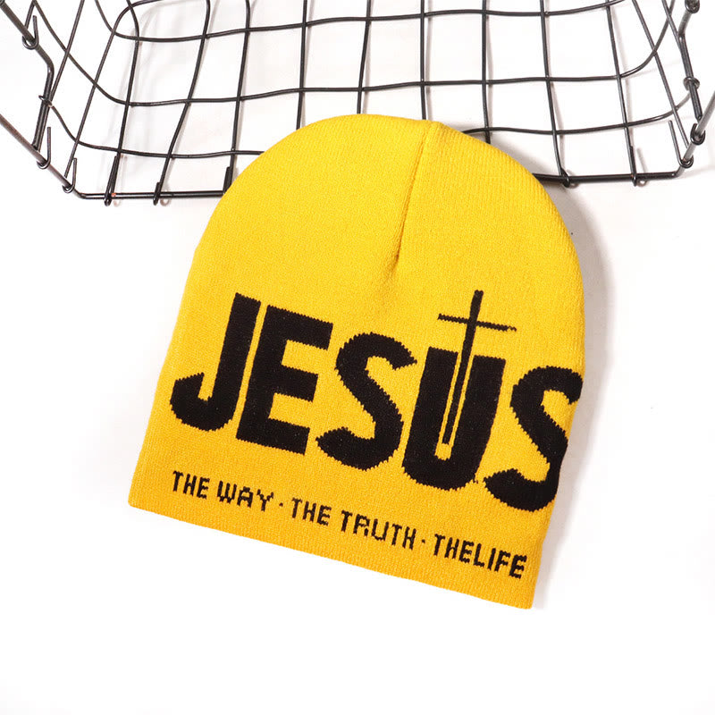 Contrast Color Jesus Pattern Knitted Hat - Yellow - one size - image 6