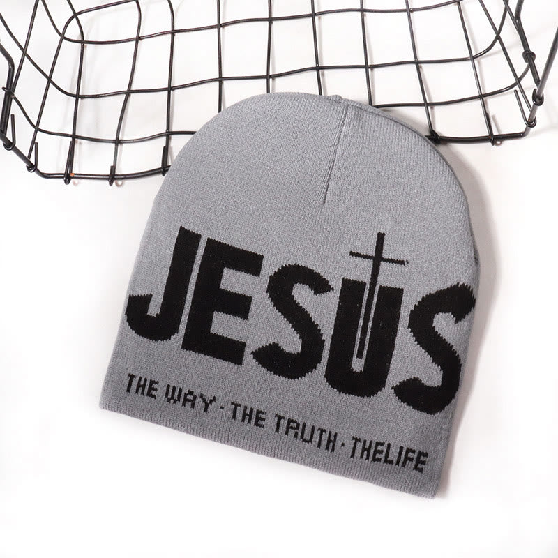 Contrast Color Jesus Pattern Knitted Hat - Grey - one size - image 3