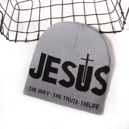 Contrast Color Jesus Pattern Knitted Hat - Grey - one size - image 3