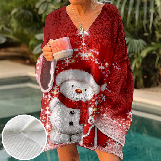 Geometric Snowflake Starry Snowman Christmas Art Print V-neck Pullover Sweater - Red - 6XL - image 1