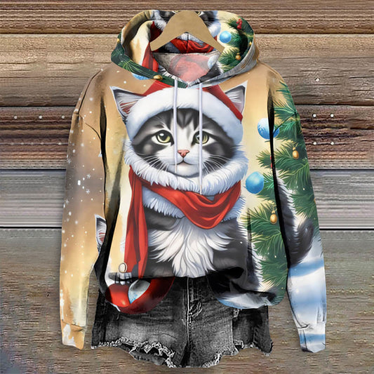 Women's Christmas Winter Red Scarf Warmy Cat Print Long Sleeve Hoodie - Multicolor - 8XL - image 1