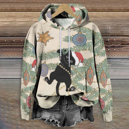 Women's Lovely Black Cat Playing On Christmas Tree Print Long Sleeve Hoodie - Multicolor - 8XL - image 1