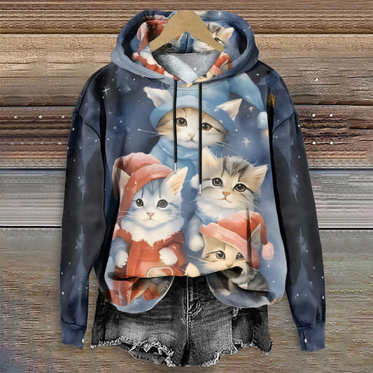 Women's Watercolor Christmas Cat Family Night Art Print Long Sleeve Hoodie - Multicolor - 8XL - image 1