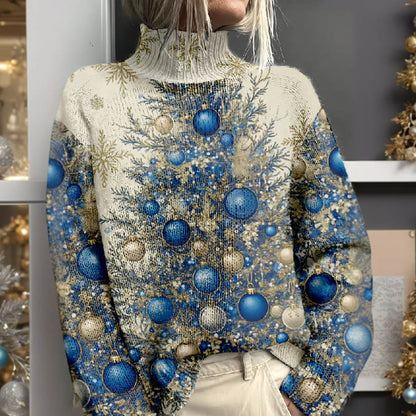 Women's Vintage Christmas Tree With Blue Bells Print Turtleneck Pullover Sweater - image 2