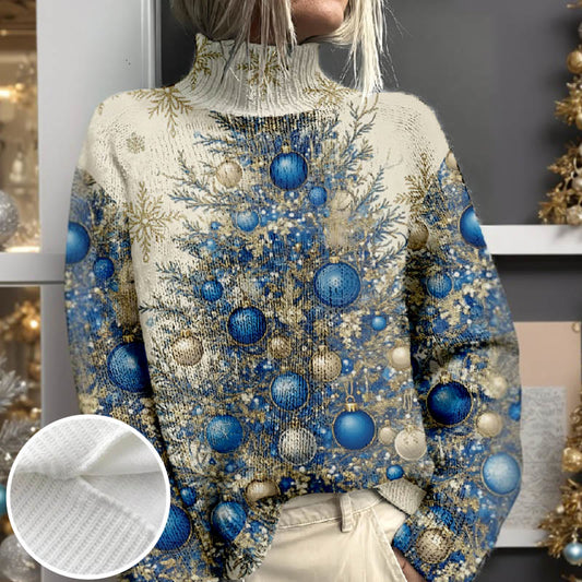Women's Vintage Christmas Tree With Blue Bells Print Turtleneck Pullover Sweater - Blue - 4XL - image 1