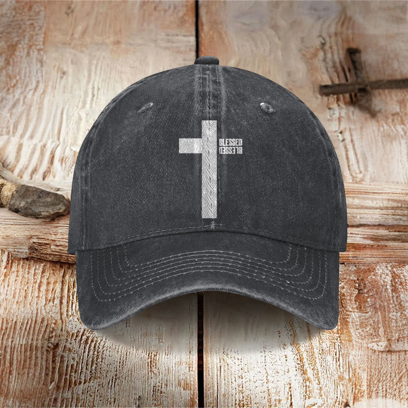 Unisex Blessed Cross Print Washed Cap - Black - one size - image 1