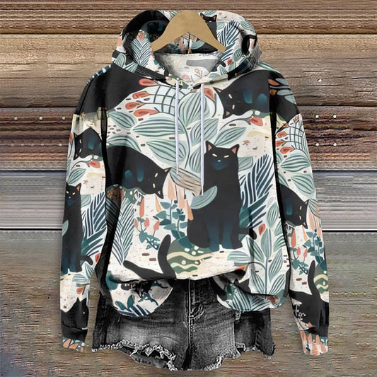 Funny Black Cat & Plants Art Print Long Sleeve Hoodie - Multicolor - 8XL - image 1