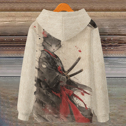 Women's Mystical Samurai Cat Pattern Art Print Long Sleeve Hoodie - image 2