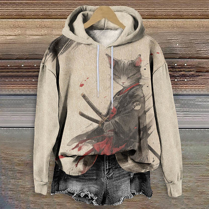 Women's Mystical Samurai Cat Pattern Art Print Long Sleeve Hoodie - Khaki - 8XL - image 1