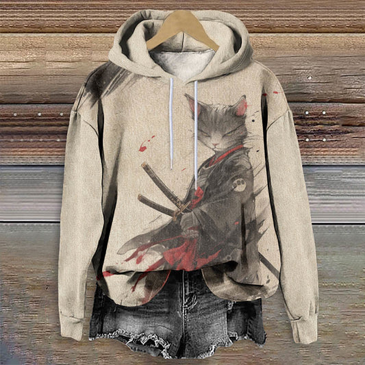Women's Mystical Samurai Cat Pattern Art Print Long Sleeve Hoodie - Khaki - 8XL - image 1