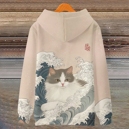  Women's Japanese Lovely Cat In The Wave Art Print Long Sleeve Hoodie - image 2