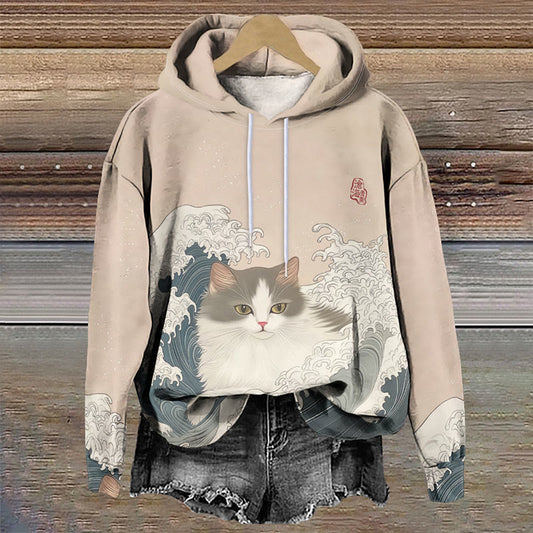 Women's Japanese Lovely Cat In The Wave Art Print Long Sleeve Hoodie - Khaki - 8XL - image 1