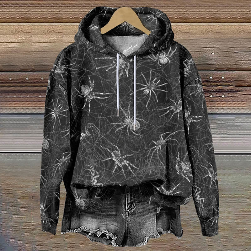 Women's Halloween Horror Spider Web Print Casual Long Sleeve Hoodie - Black - 8XL - image 1
