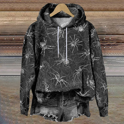 Women's Halloween Horror Spider Web Print Casual Long Sleeve Hoodie - Black - 8XL - image 1