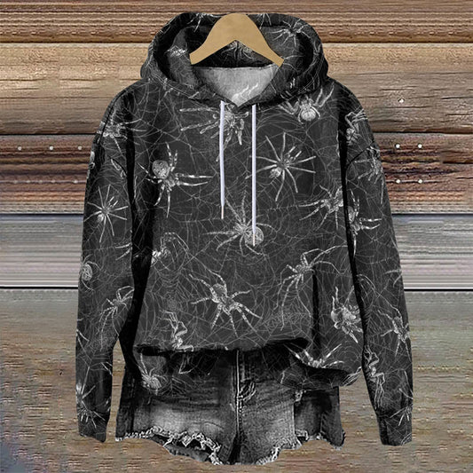 Women's Halloween Horror Spider Web Print Casual Long Sleeve Hoodie - Black - 8XL - image 1
