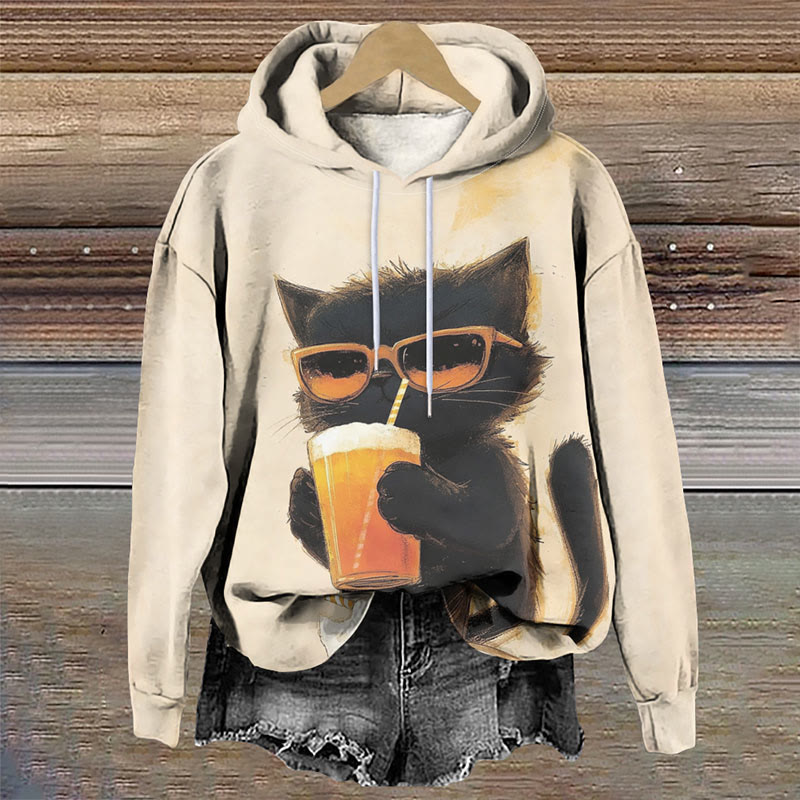 Women's Creative Sunglasses Cat With Drinks Art Print Long Sleeve Hoodie - Apricot - 8XL - image 1