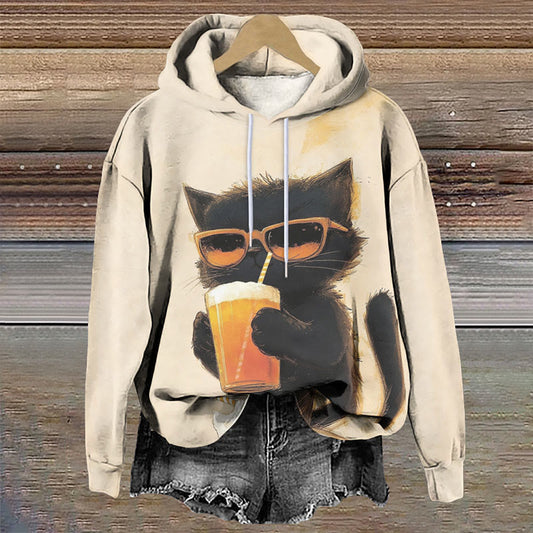 Women's Creative Sunglasses Cat With Drinks Art Print Long Sleeve Hoodie - Apricot - 8XL - image 1