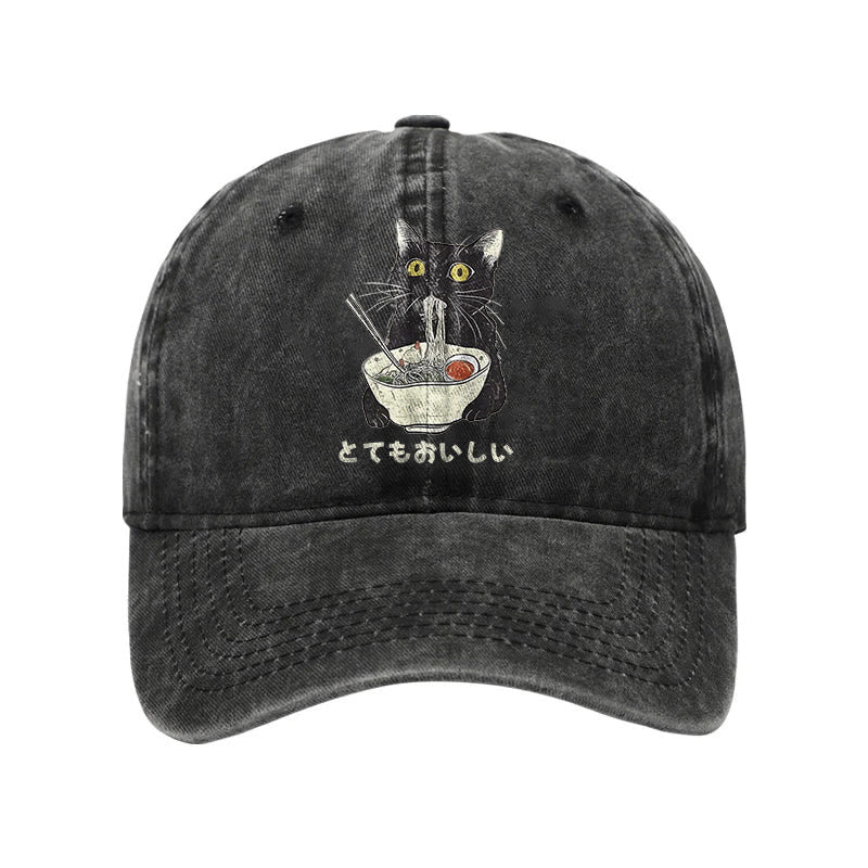 Unisex 100% Cotton Cats Eat Ramen Noodles Vintage Print Cap - Black - one size - image 4