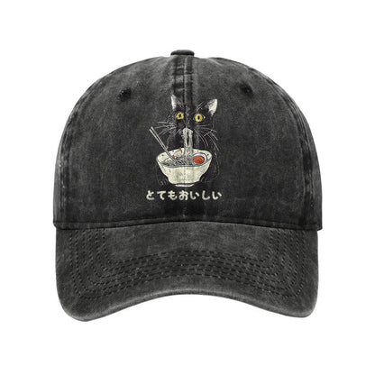 Unisex 100% Cotton Cats Eat Ramen Noodles Vintage Print Cap - Black - one size - image 4