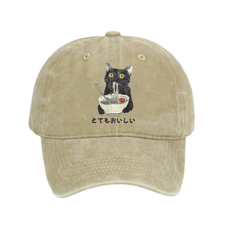 Unisex 100% Cotton Cats Eat Ramen Noodles Vintage Print Cap - Khaki - one size - image 1