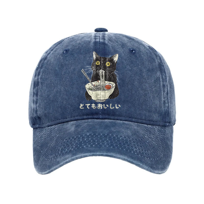Unisex 100% Cotton Cats Eat Ramen Noodles Vintage Print Cap - Blue - one size - image 7