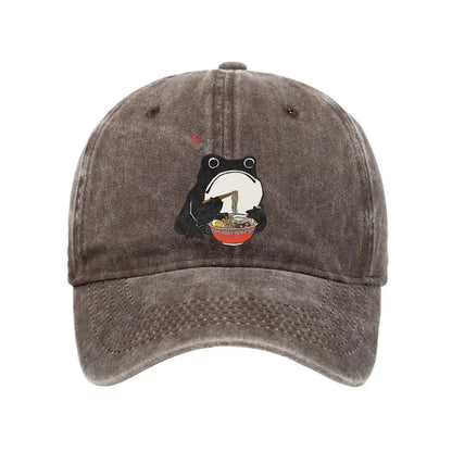 Unisex 100% Cotton Funny Frog Eating Ramen Vintage Print Cap - Coffee - one size - image 2