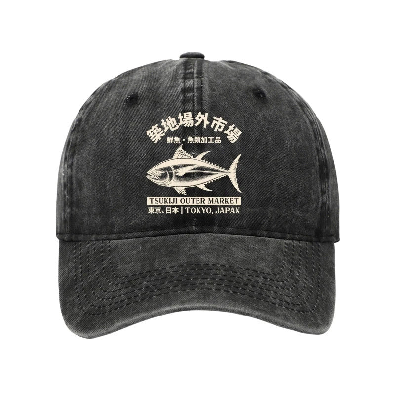 Unisex 100% Cotton Japan Tsukiji Fish Market Vintage Print Cap - Black - one size - image 4