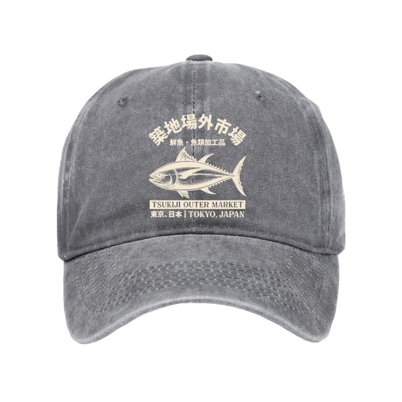 Unisex 100% Cotton Japan Tsukiji Fish Market Vintage Print Cap - Grey - one size - image 3
