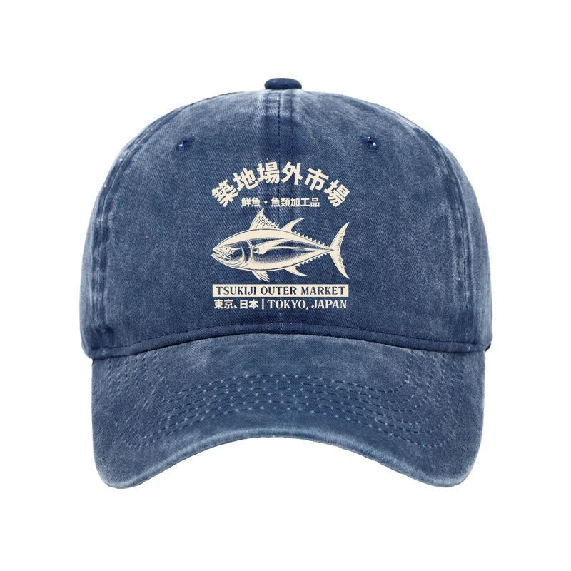 Unisex 100% Cotton Japan Tsukiji Fish Market Vintage Print Cap - Blue - one size - image 7