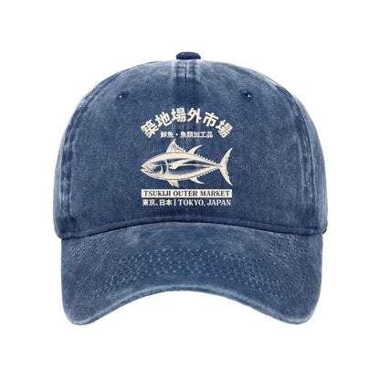 Unisex 100% Cotton Japan Tsukiji Fish Market Vintage Print Cap - Blue - one size - image 7