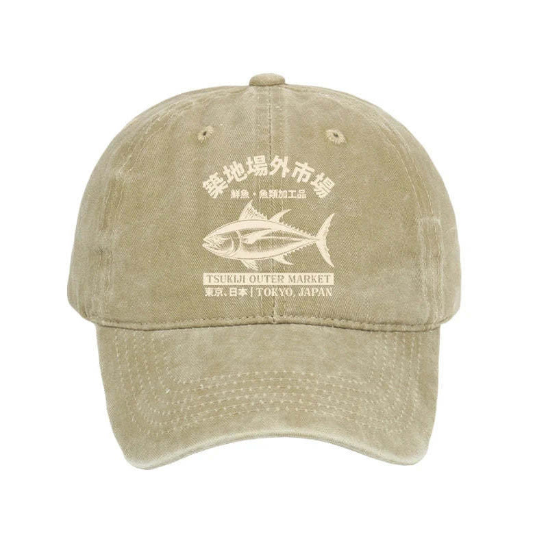 Unisex 100% Cotton Japan Tsukiji Fish Market Vintage Print Cap - Khaki - one size - image 2