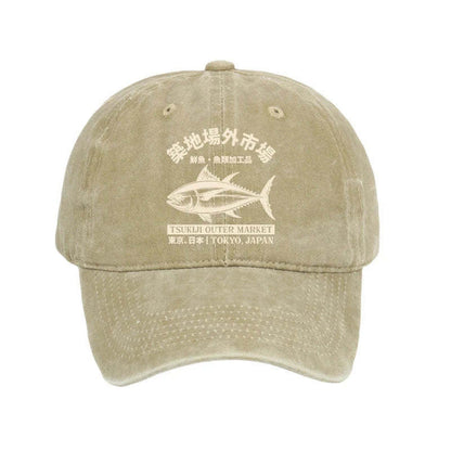 Unisex 100% Cotton Japan Tsukiji Fish Market Vintage Print Cap - Khaki - one size - image 2
