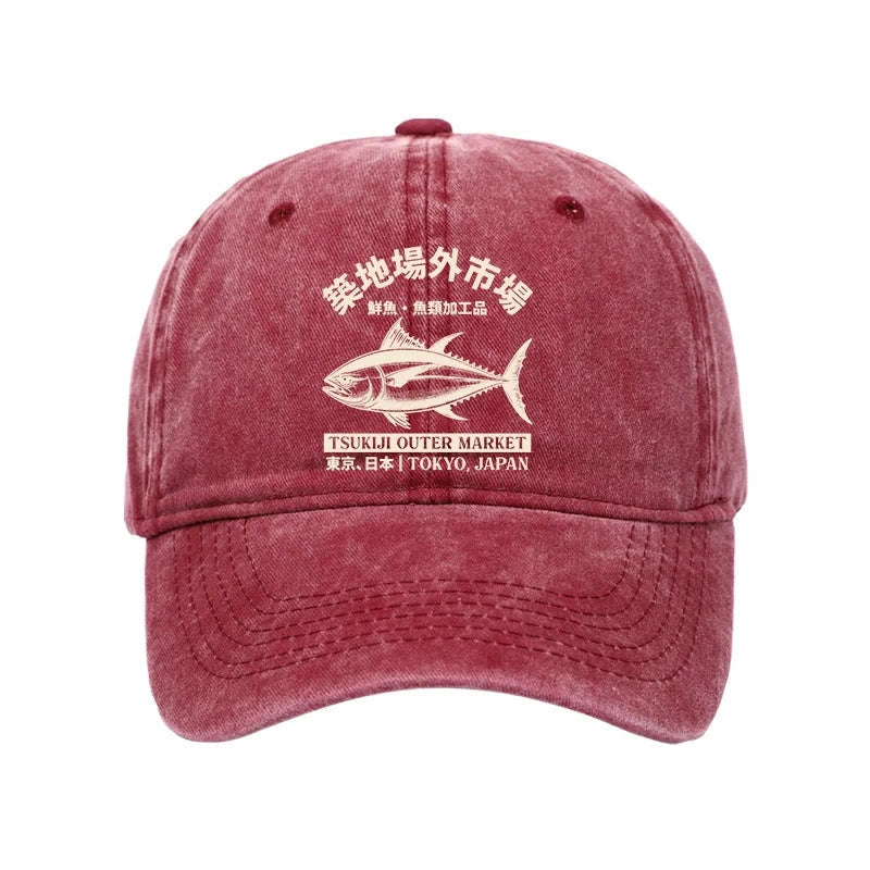 Unisex 100% Cotton Japan Tsukiji Fish Market Vintage Print Cap - Rose - one size - image 6