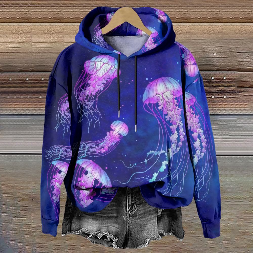 Women's Fantasy Glowing Jellyfish Print Casual Long Sleeve Hoodie - Purple - 8XL - image 1