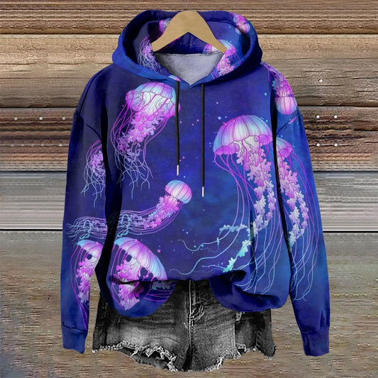 Women's Fantasy Glowing Jellyfish Print Casual Long Sleeve Hoodie - Purple - 8XL - image 1