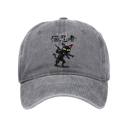 Unisex 100% Cotton Ninja Cat Vintage Print Cap - Grey - one size - image 1