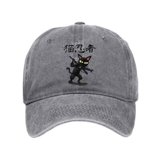Unisex 100% Cotton Ninja Cat Vintage Print Cap - Grey - one size - image 1