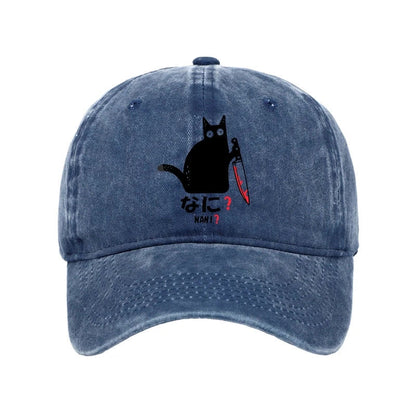 Unisex 100% Cotton A Puzzled Cat Holding A Knife Vintage Print Cap - Blue - one size - image 5