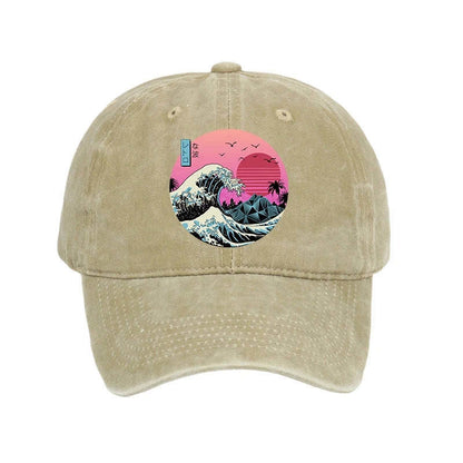 Unisex 100% Cotton Japanese The Great Retro Wave Vintage Print Cap - Khaki - one size - image 2