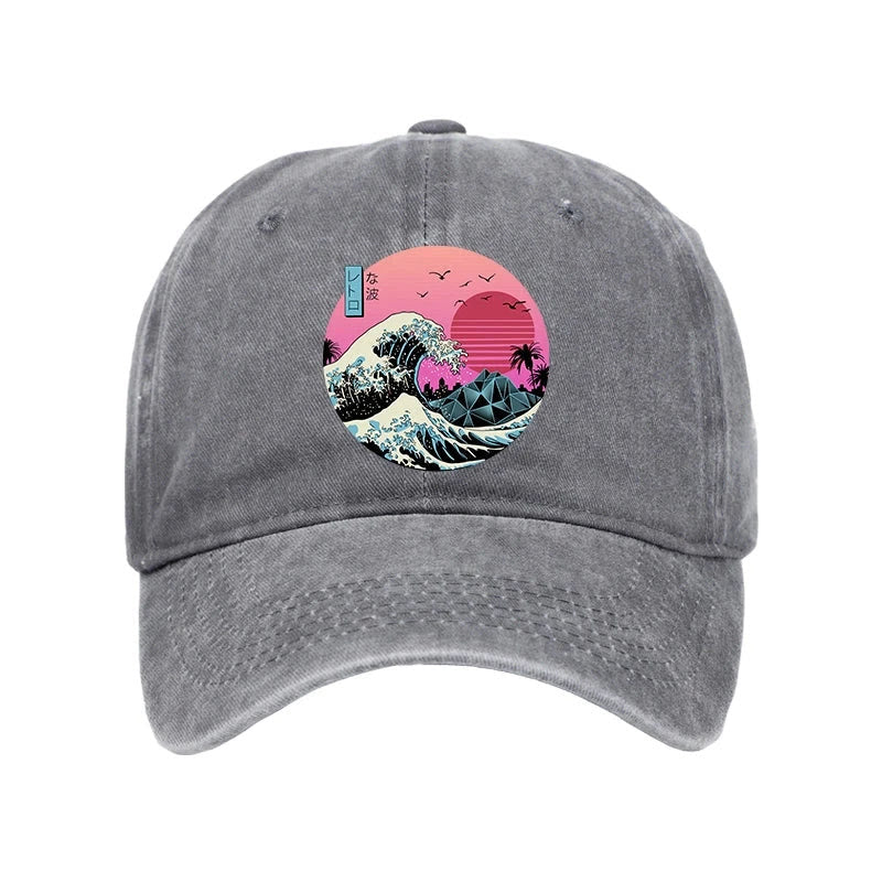 Unisex 100% Cotton Japanese The Great Retro Wave Vintage Print Cap - Grey - one size - image 1